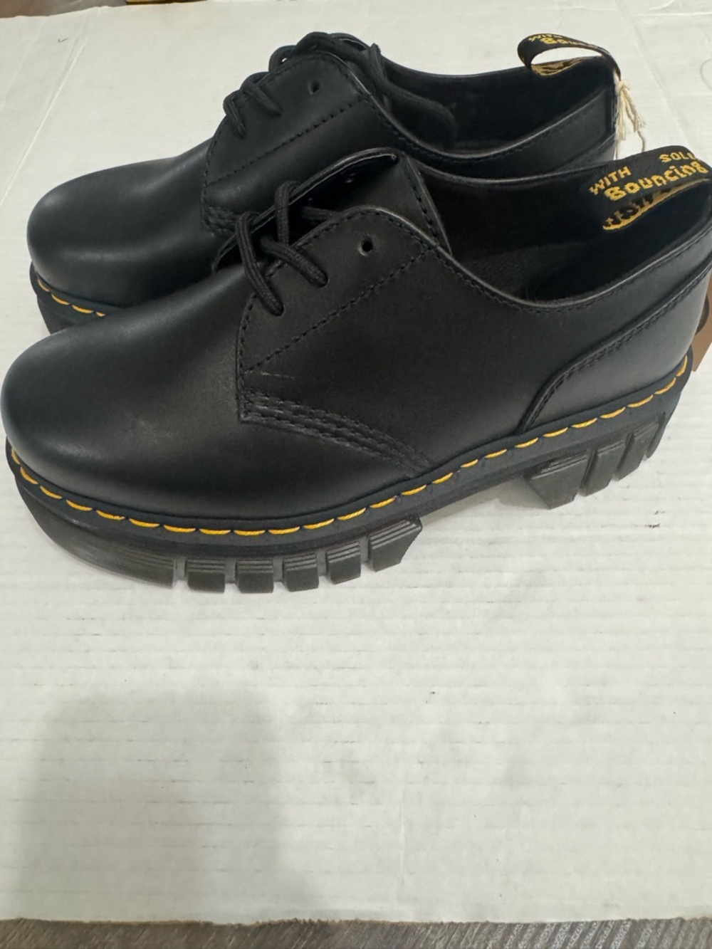 Dr. Martens Black Leather Lace-Up Derby with Yellow Stitching